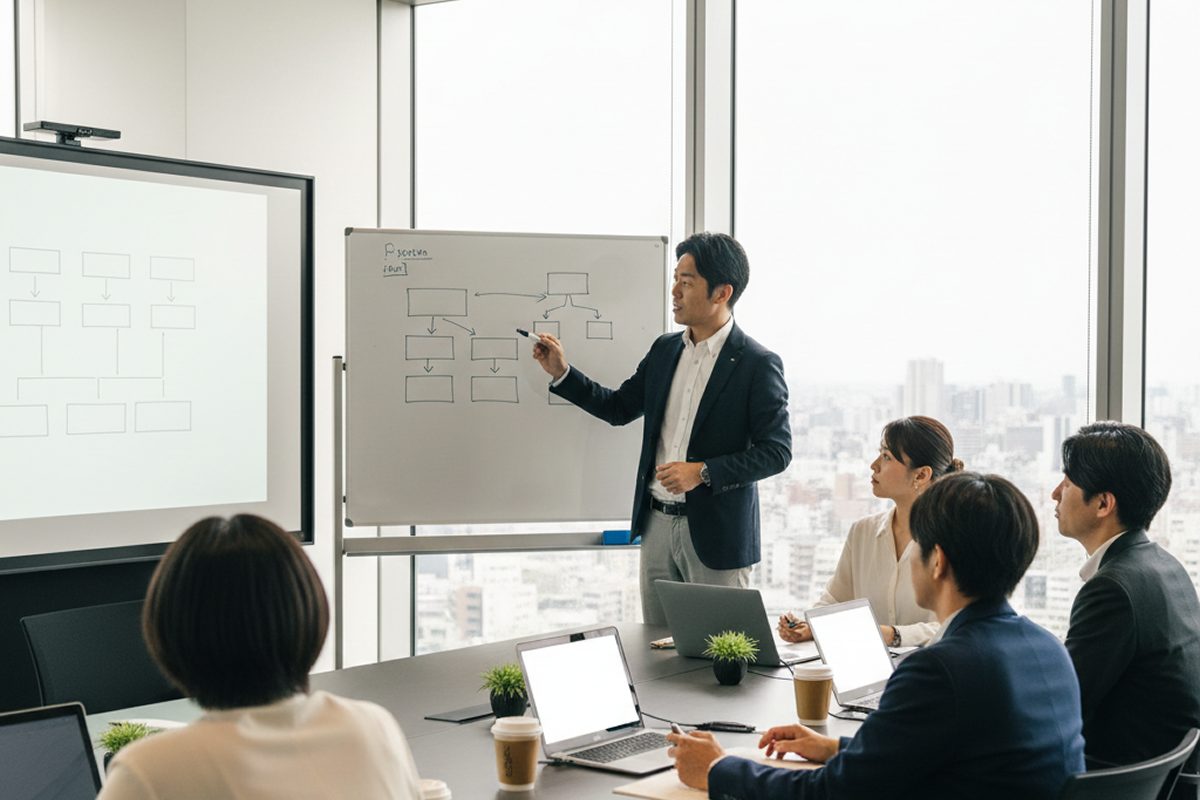 寺田税理士・社会保険労務士事務所東京日本橋オフィスで飲食チェーン経営者に労務改善プランを説明する寺田慎也税理士と社労士スタッフ - 会議室で資料を確認