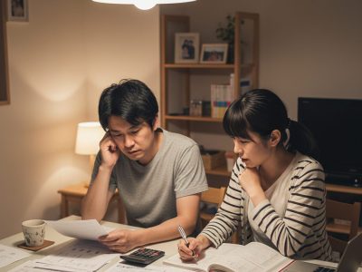 東京都内の一般家庭で家計簿をつける30代夫婦 - テーブルに給与明細と請求書が並ぶリビング
