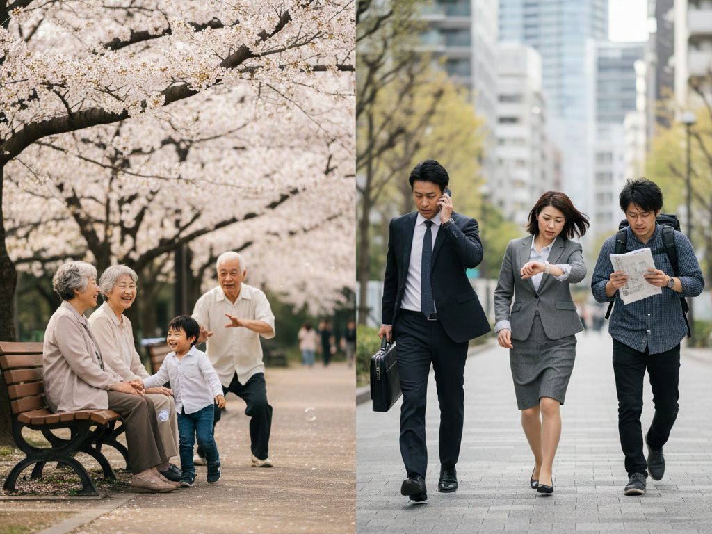 日本の少子高齢化を象徴するイメージ - 公園で孫と遊ぶ高齢者と働く現役世代の対比