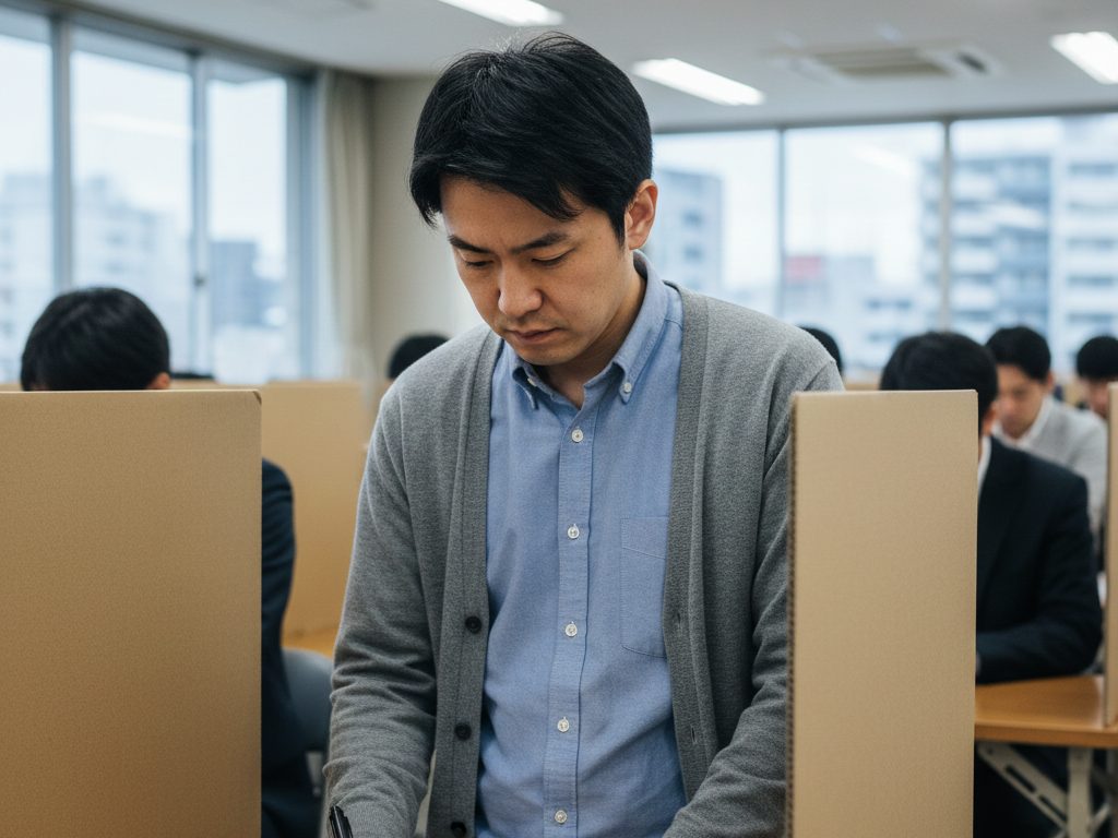 投票所で真剣に投票用紙に記入する30代日本人有権者 - 選挙の投票ブース