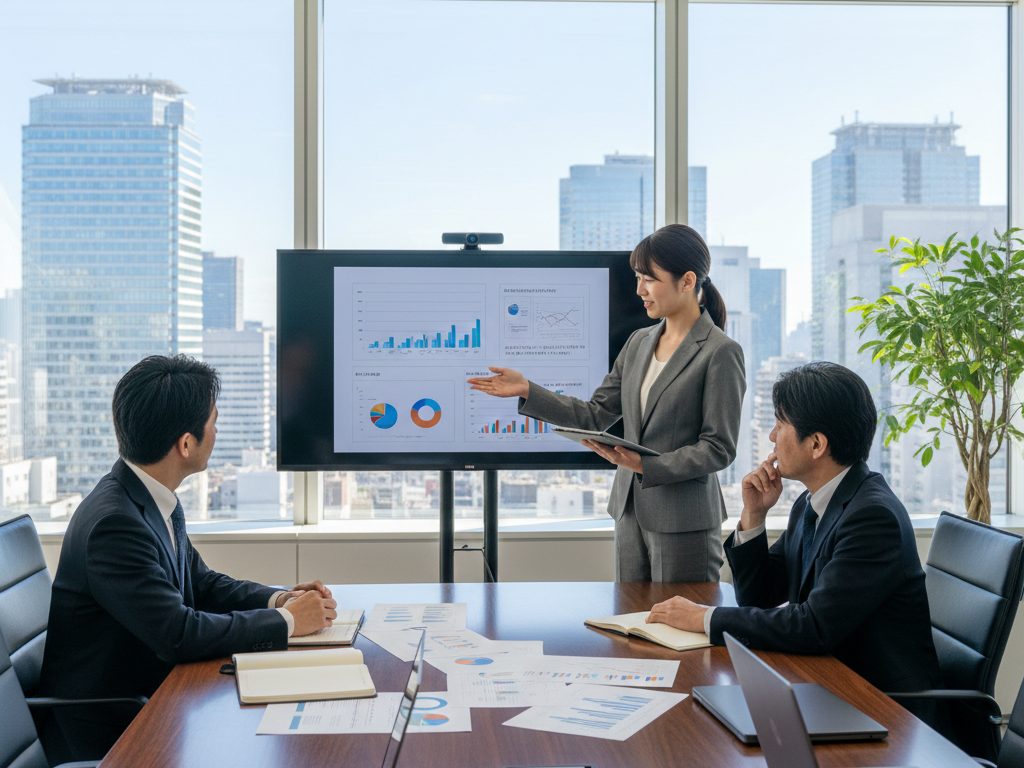 寺田税理士・社会保険労務士事務所（社労士法人フォーグッド）東京日本橋オフィスで建設業の時間外労働規制対応プランを説明する税理士と社労士スタッフ - 会議室でノートPCと資料を確認