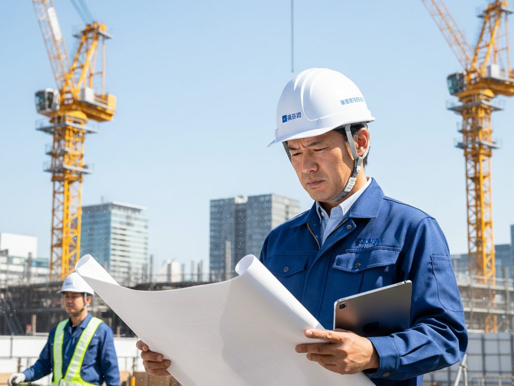 東京都内の建設現場で工程表を確認する40代男性現場監督と若手作業員 - 複数現場の掛け持ちで長時間労働に悩む様子