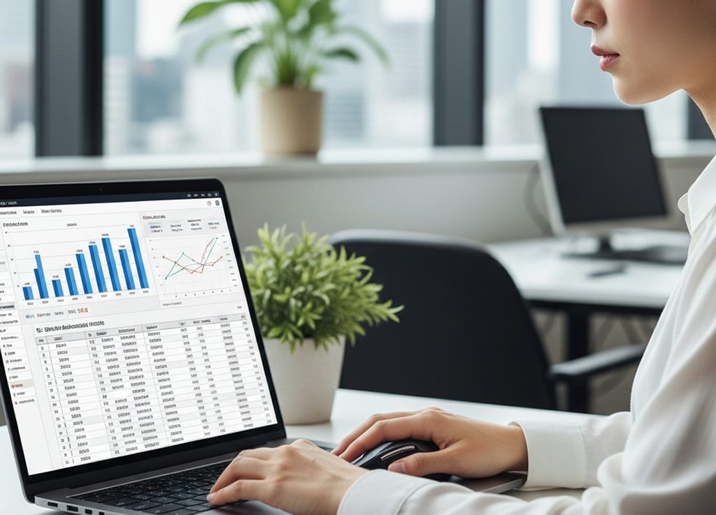 寺田税理士・社会保険労務士事務所東京日本橋オフィスで建設業の未払残業代リスクを試算する20代女性社労士 - ノートPCに表示される勤怠データ分析画面と計算書類