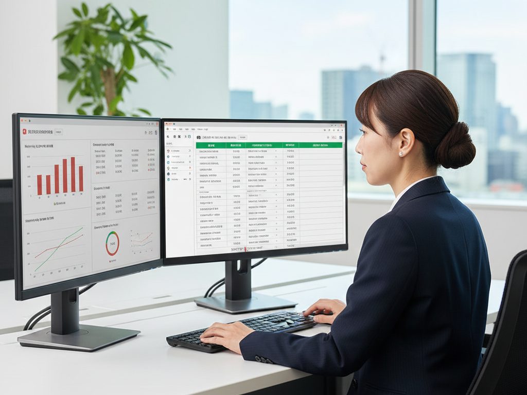 東京新宿の建設会社本社オフィスでクラウド勤怠管理システムを操作する30代女性人事担当者 - 大型モニターに全15現場の労働時間をリアルタイム表示