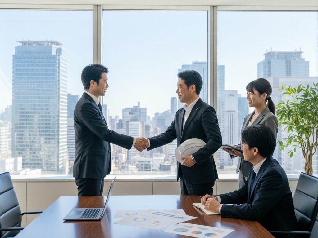 寺田税理士・社会保険労務士事務所東京日本橋オフィスで建設会社経営者と握手する税理士と社労士スタッフ