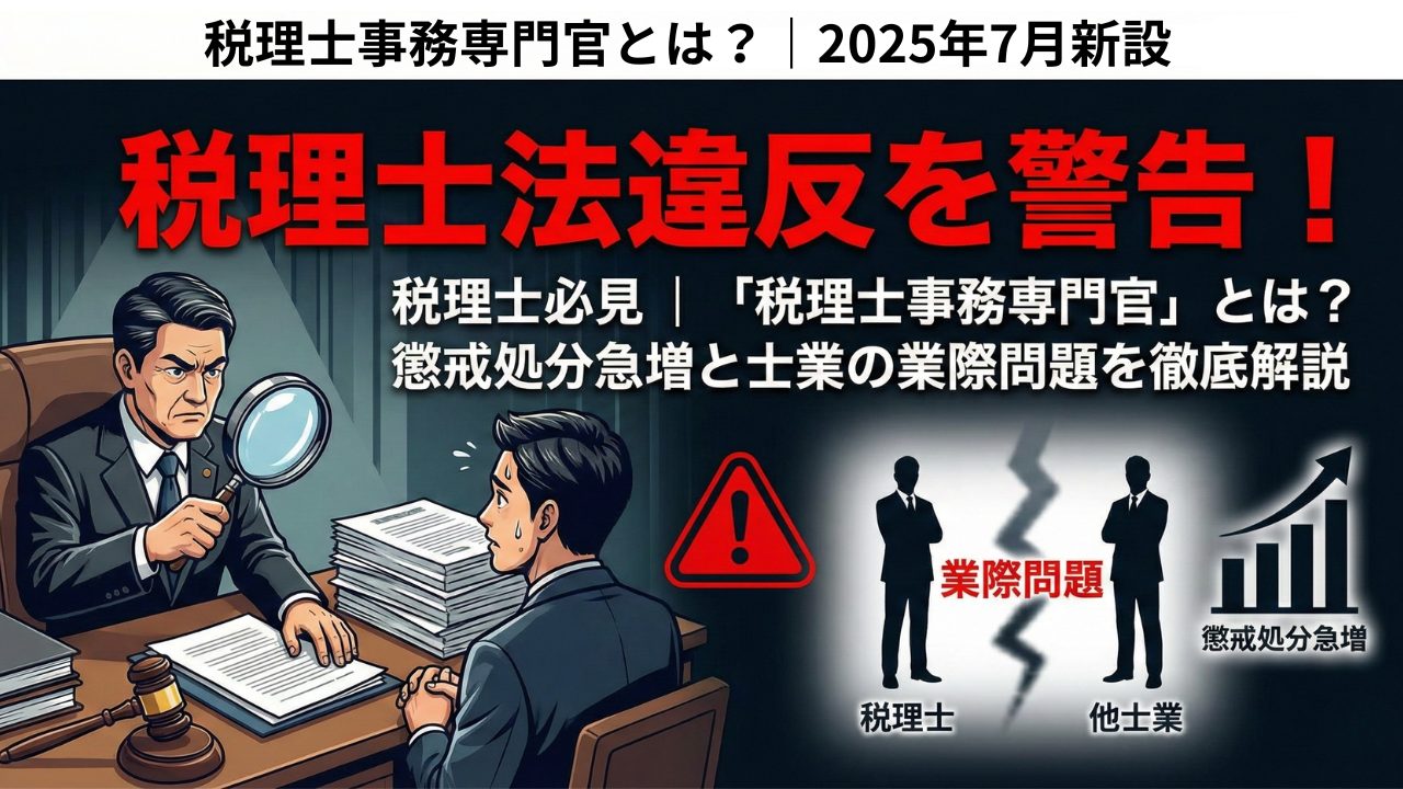 税理士事務専門官とは？懲戒処分急増×業際問題を解説する記事のアイキャッチ画像。2024年の懲戒処分は過去最多64件、大阪の税理士逮捕事件、2026年1月行政書士法改正の3つのキーワードを表示。寺田税理士事務所／社労士法人フォーグッド