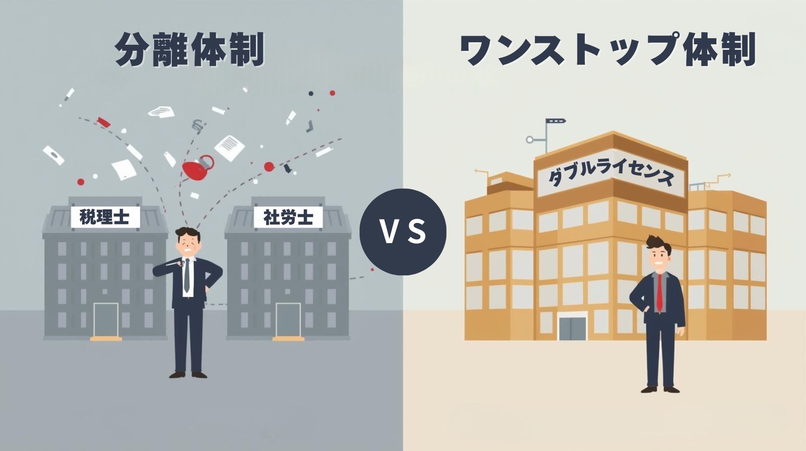 分離体制とワンストップ体制の業務フロー比較イメージ