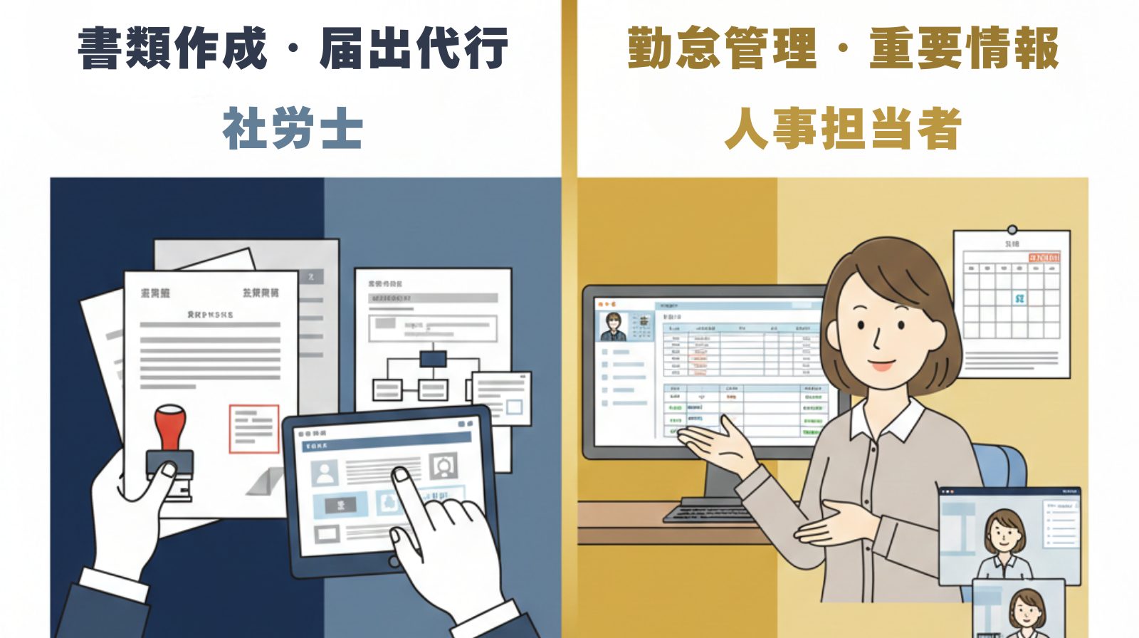 社労士に任せる業務と人事担当者が把握すべき業務の境界線を示す比較イメージ
