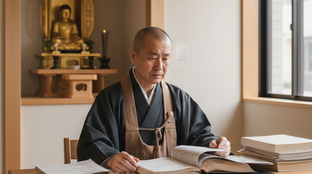 宗教法人の住職が税務申告書類を確認している様子