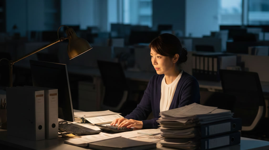 山積みの書類に囲まれてパソコンに向かう中小企業の人事担当者。1人で労務管理を抱える日常を表すイメージ