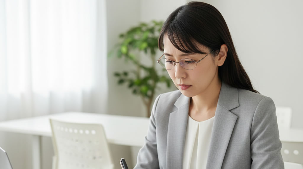 チェックリストを確認しながら業務を振り返る中小企業の人事担当者。限界サインのセルフチェックを行うイメージ