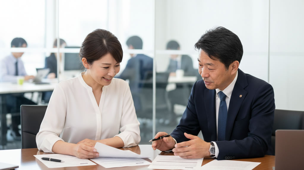 社労士と連携して安心した表情で業務を進める中小企業の人事担当者。外部委託による安心感を表すイメージ