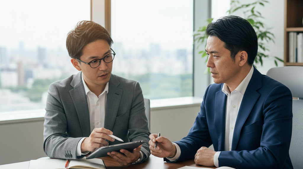 良い税理士の選び方・初回面談でチェックリストを確認している経営者と税理士のイメージ|寺田税理士・社会保険労務士事務所(社労士法人フォーグッド)