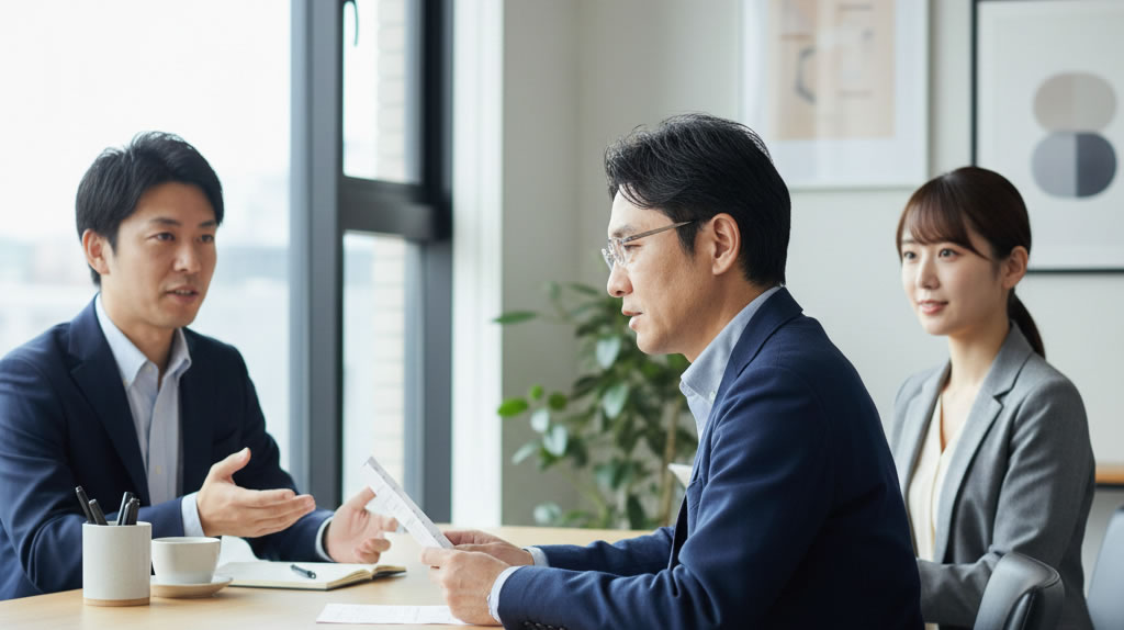 税理士・社労士在籍事務所の面談で質問している中小企業経営者のイメージ|寺田税理士・社会保険労務士事務所(社労士法人フォーグッド)