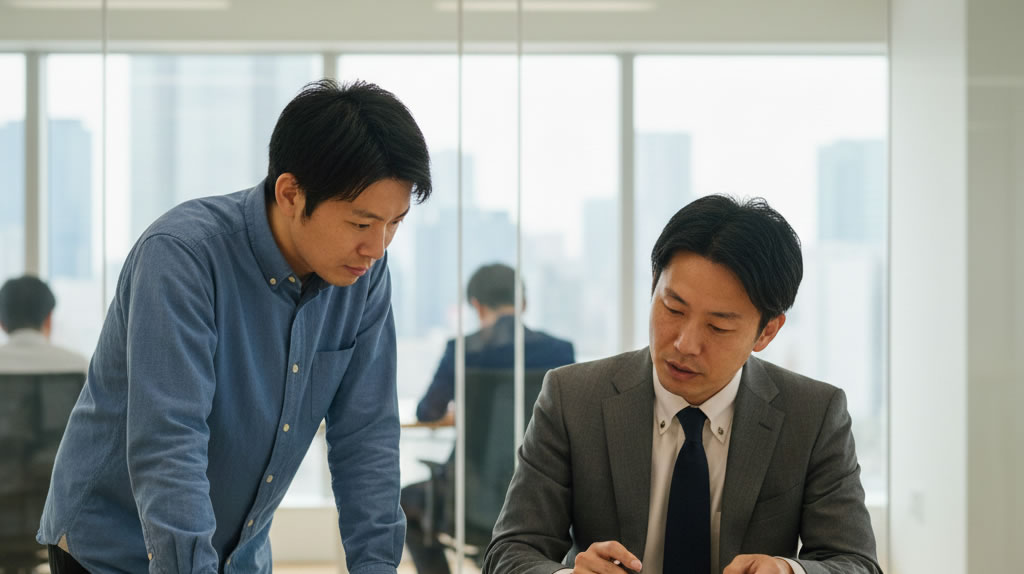 東京で税理士を選ぶポイントをグレースーツの税理士と確認しているIT企業経営者のイメージ｜寺田税理士・社会保険労務士事務所(社労士法人フォーグッド)