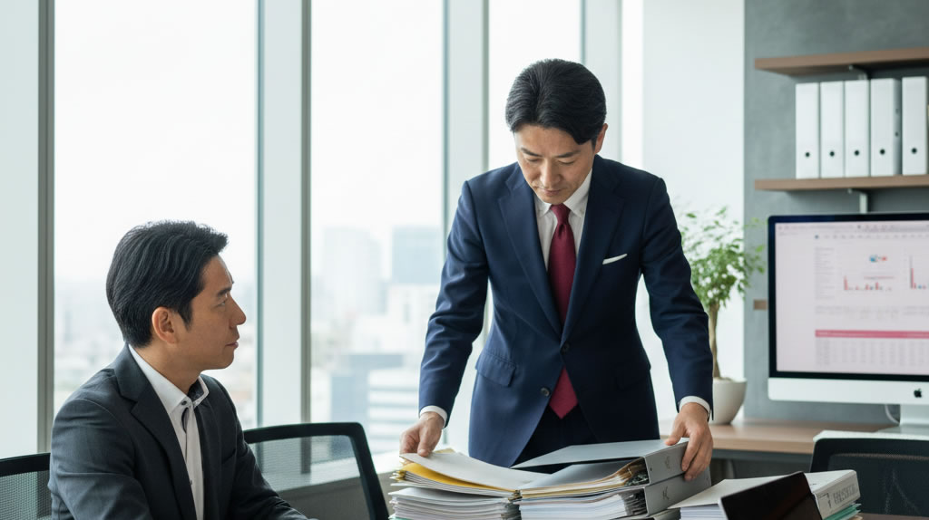 税務調査の事前通知を受けて税理士と書類を準備している中小企業経営者のイメージ｜寺田税理士・社会保険労務士事務所(社労士法人フォーグッド)