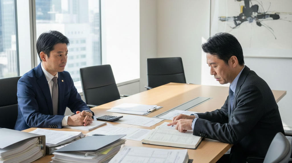 税務調査官が帳簿のチェックポイントを確認している場面のイメージ｜寺田税理士・社会保険労務士事務所(社労士法人フォーグッド)