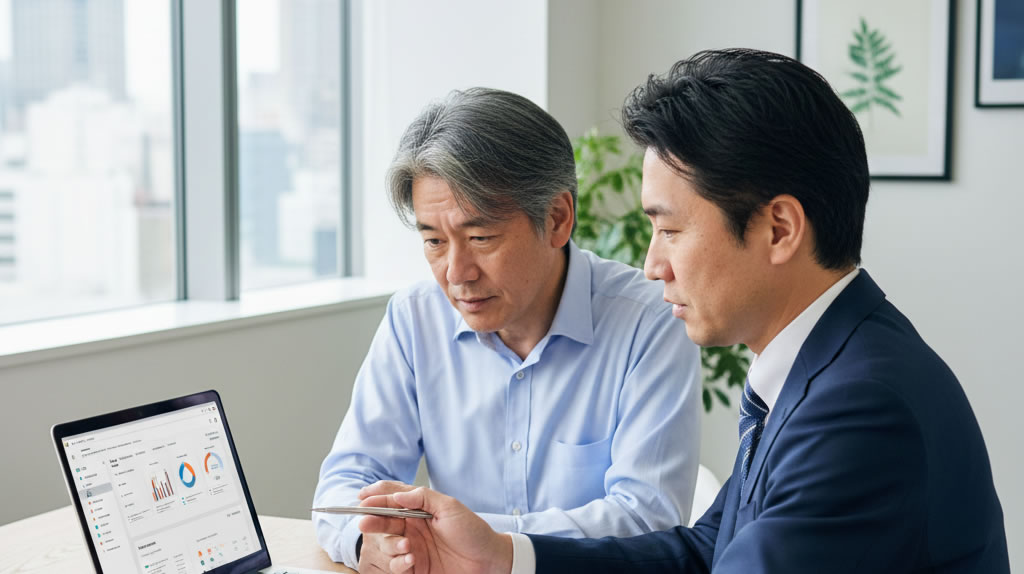 電子帳簿保存法・インボイス制度の対応状況を税理士と確認している中小企業経営者のイメージ｜寺田税理士・社会保険労務士事務所(社労士法人フォーグッド)