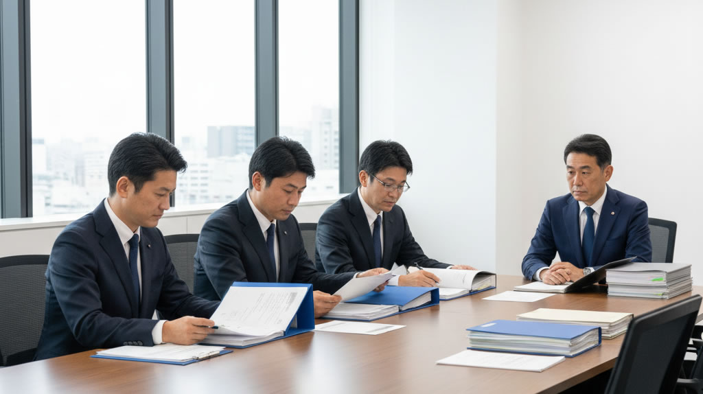 会計検査院の同席調査イメージ・複数の調査員が書類を確認する場面