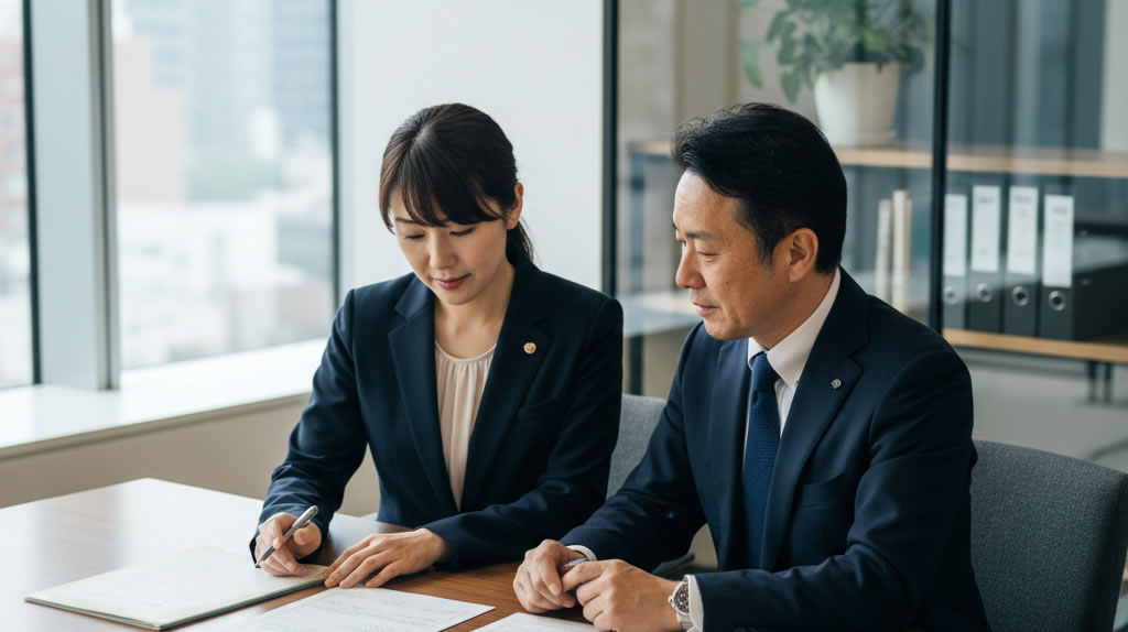 年金事務所の社会保険調査の概要を確認する経営者と社労士のイメージ