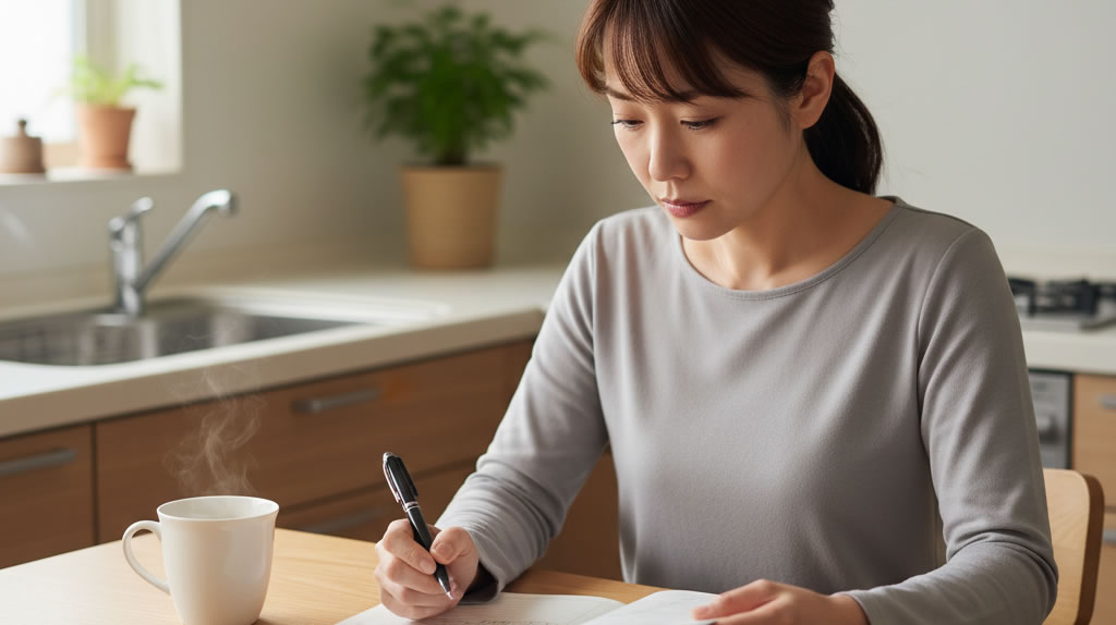 家計ノートを見ながら物価上昇を心配する30代日本人女性がキッチンテーブルに座っている