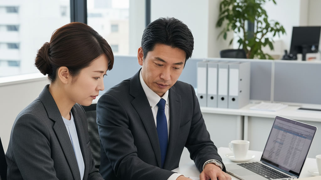 労基署の臨検で指摘事項を確認する社労士と経営者のイメージ