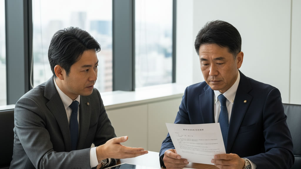 是正勧告書の内容を確認し対応を検討する経営者と社労士のイメージ