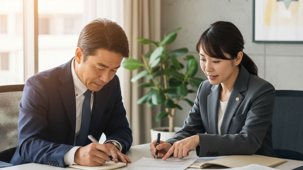 臨検監督通知を受け取り対応を検討する経営者と社労士のイメージ