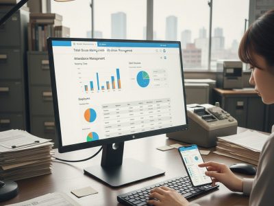 PCとスマートフォンが連動したクラウド型勤怠管理システムのダッシュボード画面。大阪の製造業における労働時間の可視化イメージ