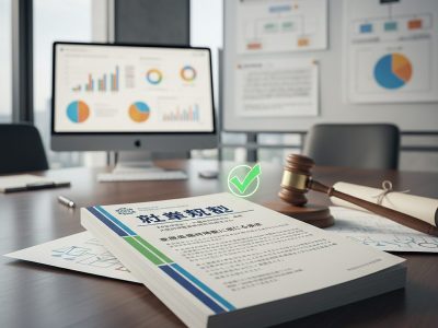 最新の労働基準法に準拠し、変形労働時間制の規定が明確に整備された就業規則の書類。寺田事務所によるリーガルチェック済みイメージ