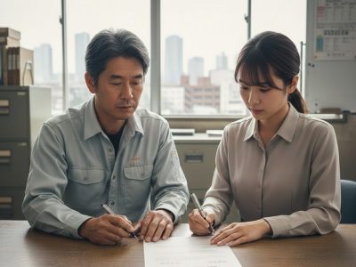 大阪の製造業企業にて、1年単位の変形労働時間制に関する労使協定に署名する経営者と従業員代表の様子