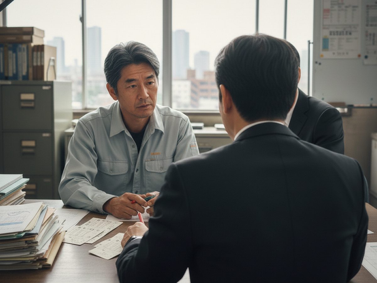 大阪の製造業企業にて、労働基準監督署（労基署）の監督官が勤怠書類や36協定の運用状況を厳格にチェックする臨検の様子