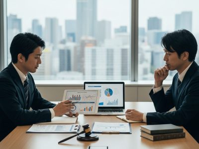 大阪のオフィスで経営者にグラフ資料を用いて労務リスクのコンサルティングを行う社労士。寺田税理士・社会保険労務士事務所の専門家イメージ