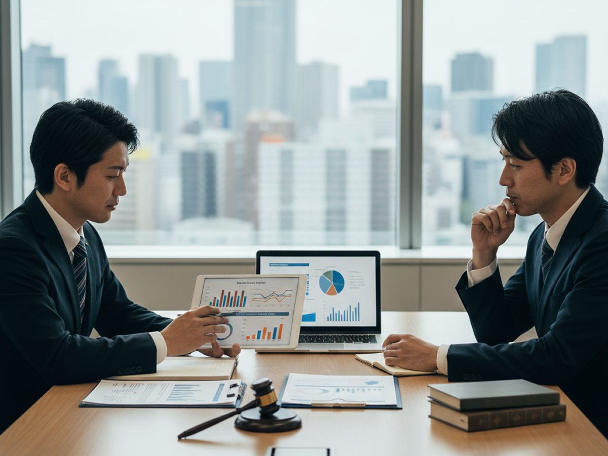 大阪のオフィスで経営者にグラフ資料を用いて労務リスクのコンサルティングを行う社労士。寺田税理士・社会保険労務士事務所の専門家イメージ