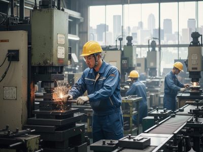 大阪の工場でプレス機を操作する作業員と、窓の外に広がる大阪の街並み。製造業の労務管理を象徴するイメージ