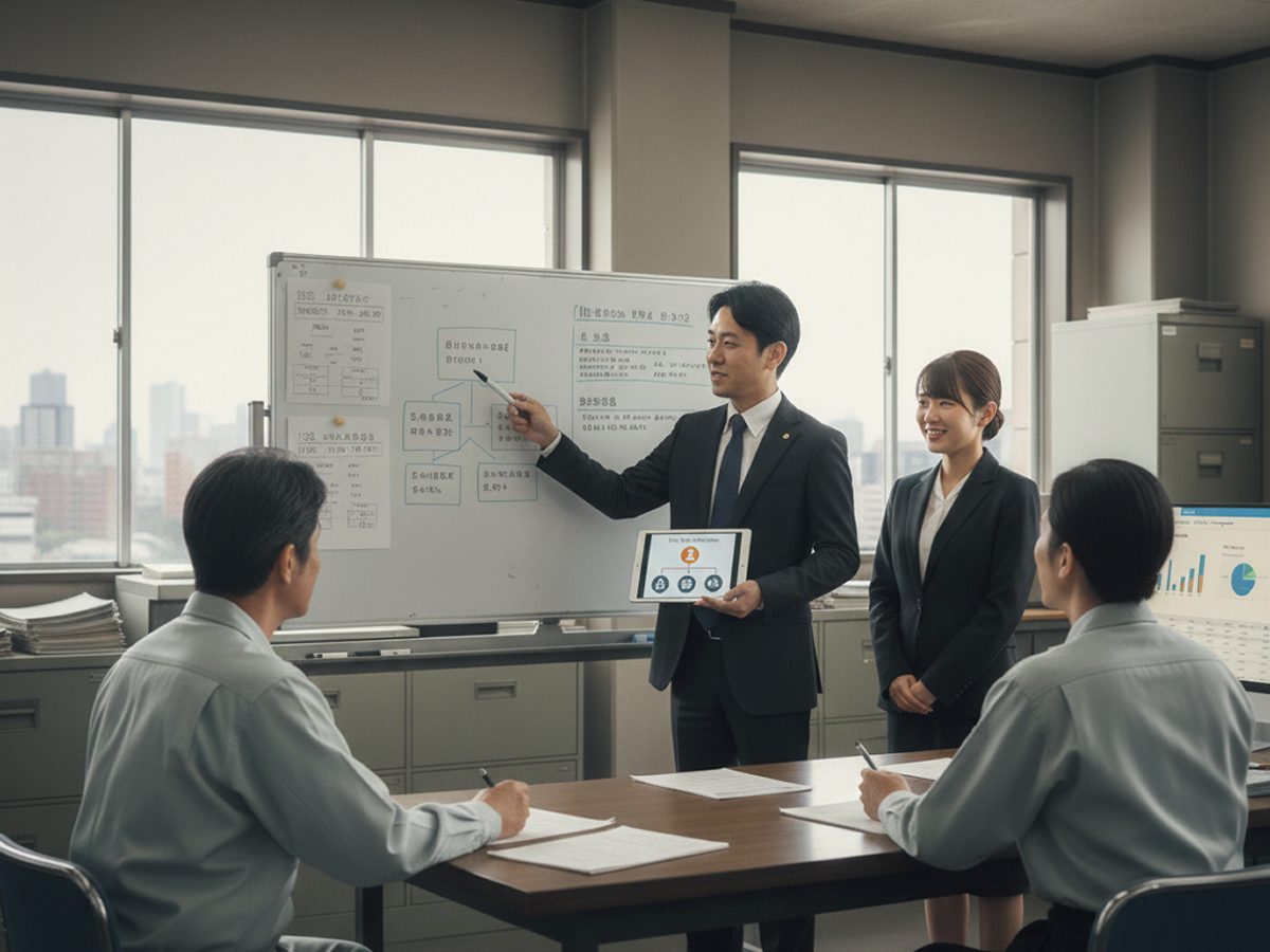 大阪の製造業企業にて、ホワイトボードとタブレットを用いて100人超規模の労務対策を具体的に解説する社労士。実務に即した体制構築の様子