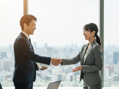 大阪の製造業経営者と笑顔で握手する社労士。労務体制の見直しにより年間1,000万円以上のコスト削減を実現した成功事例イメージ