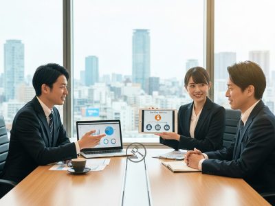 大阪のオフィスで税理士と社労士が連携し、製造業経営者に税務・労務のワンストップサービスを提案する様子