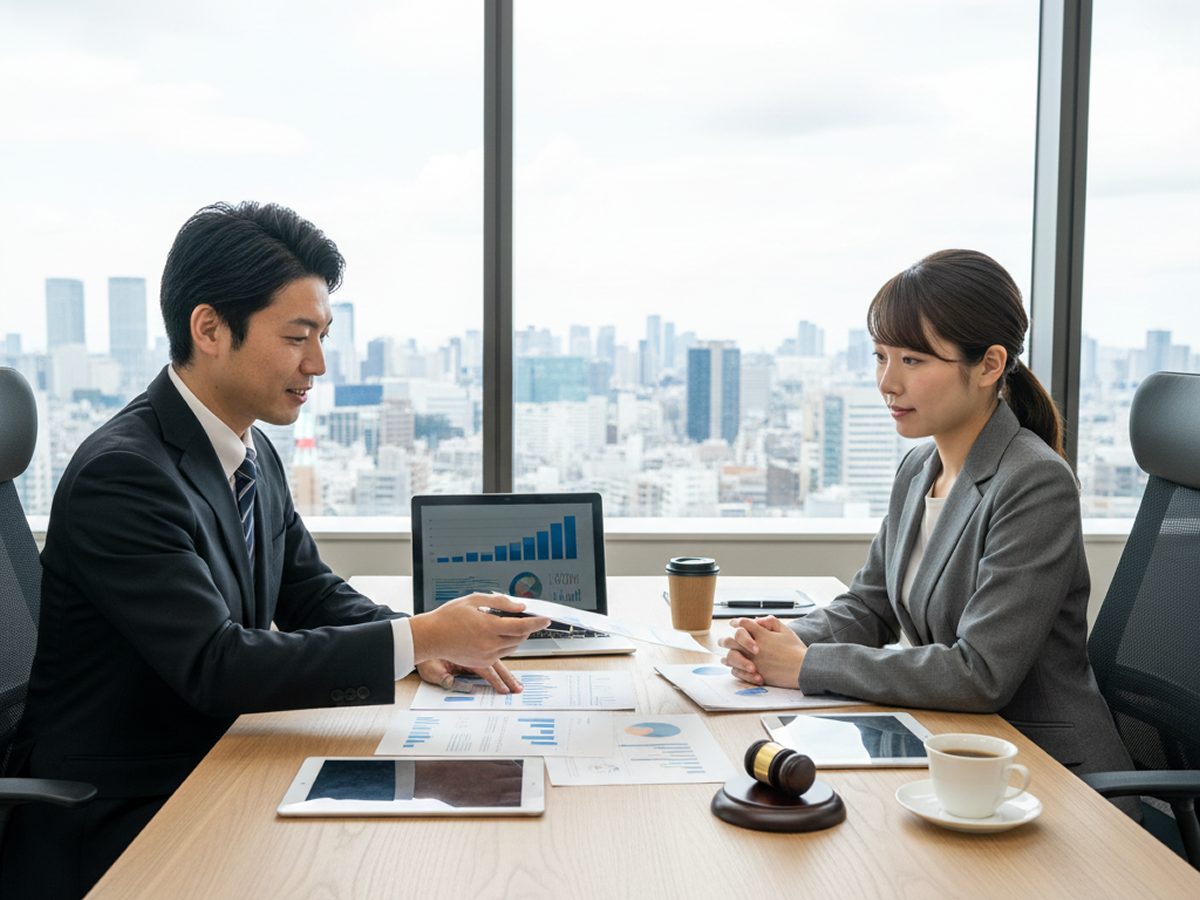 大阪のオフィスでグラフ資料やガベル（木槌）を交え、製造業経営者に労務リスク対策を提案する寺田事務所の社労士
