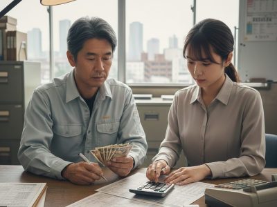 大阪の製造業企業にて、電卓と計算書類を用いて未払残業代の試算を行う経営者と人事担当者の様子。数千万円規模のリスクを象徴するイメージ