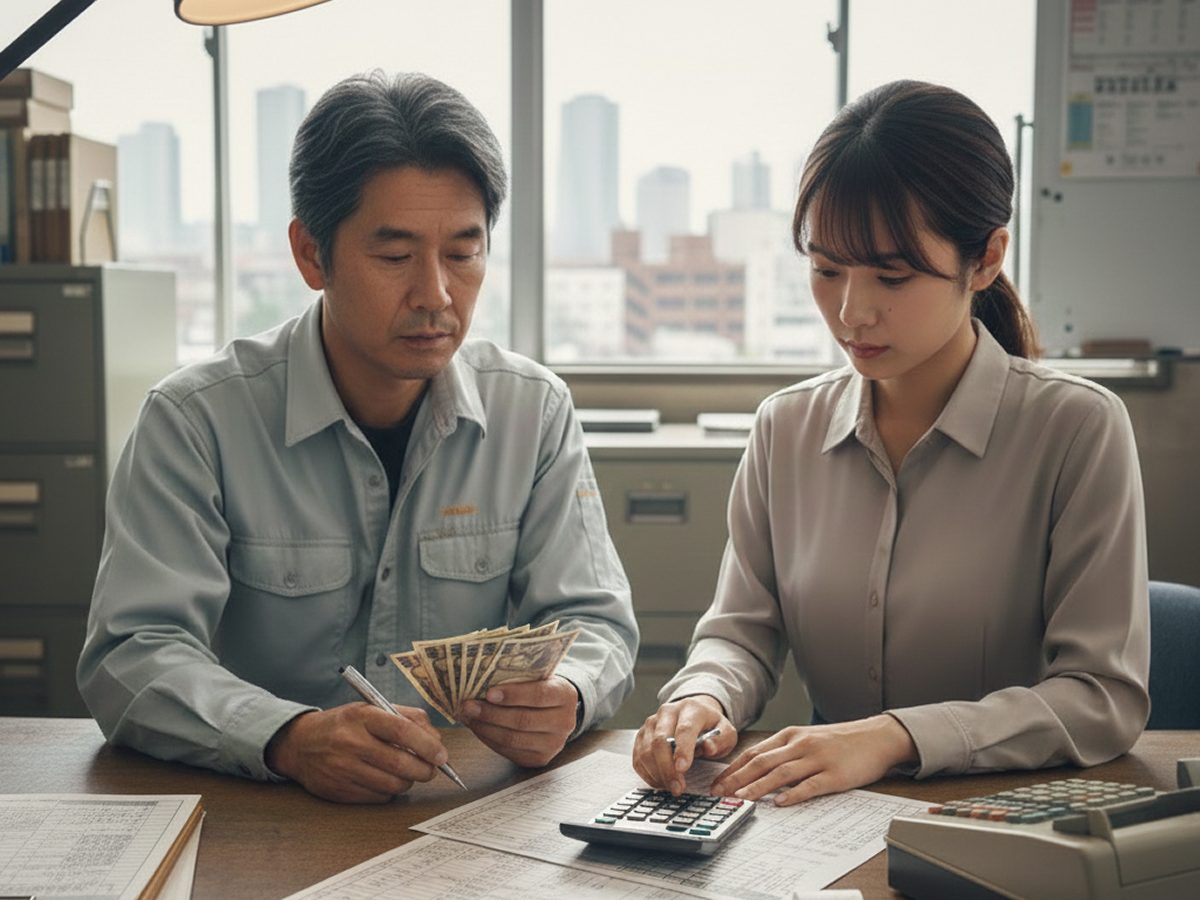 大阪の製造業企業にて、電卓と計算書類を用いて未払残業代の試算を行う経営者と人事担当者の様子。数千万円規模のリスクを象徴するイメージ