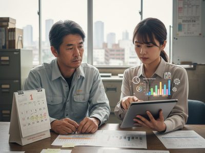 カレンダーとタブレット端末を使用して、1年単位の変形労働時間制のシフト管理と労働時間の最適化を相談する様子